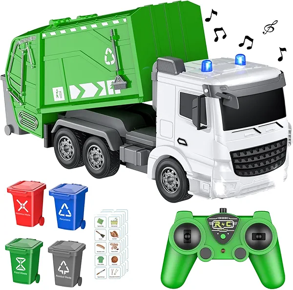 CALEST 2.4Ghz RC Garbage Truck with 4 Trash Cans, 6 Channel Remote Control, Waste Management Toy, 100pcs Garbage Sorting Cards, Boys 3+