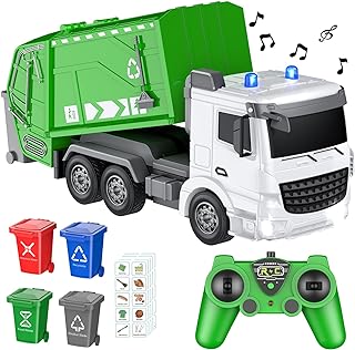 2.4Ghz RC Garbage Truck with 4 Trash Cans, 6 Channel Remote Control, Waste Management Toy, 100pcs Garbage Sorting Cards, Boys 3+