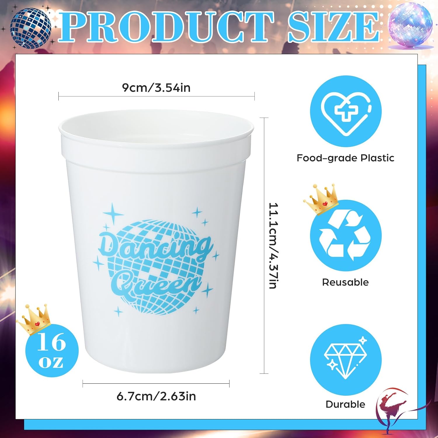 Yungyan 24 Pcs Dancing Queen Plastic Cups 16 oz Reusable Plastic Dancing Queen Cups Disco Ball Supplies Blue White Birthday Bachelorette Wedding Bridal Shower 70s 80s 90s Party Decorations