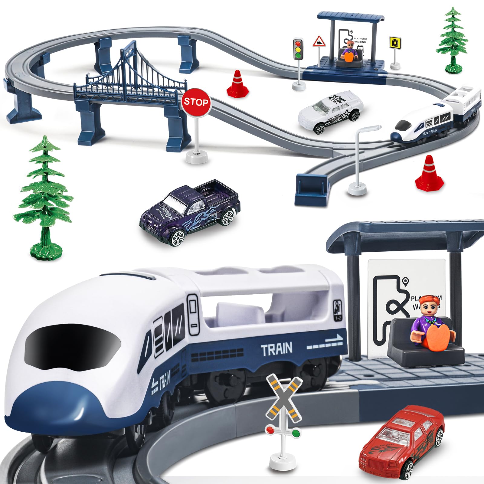Electric Train Sets Toy for Kids, Magnetic Trains & Train Platform with Realistic Sound Light Effect, 65PCS Train Truck Accessories Gift for 3 4 5 6+ Year Old Boys Girls-Blue