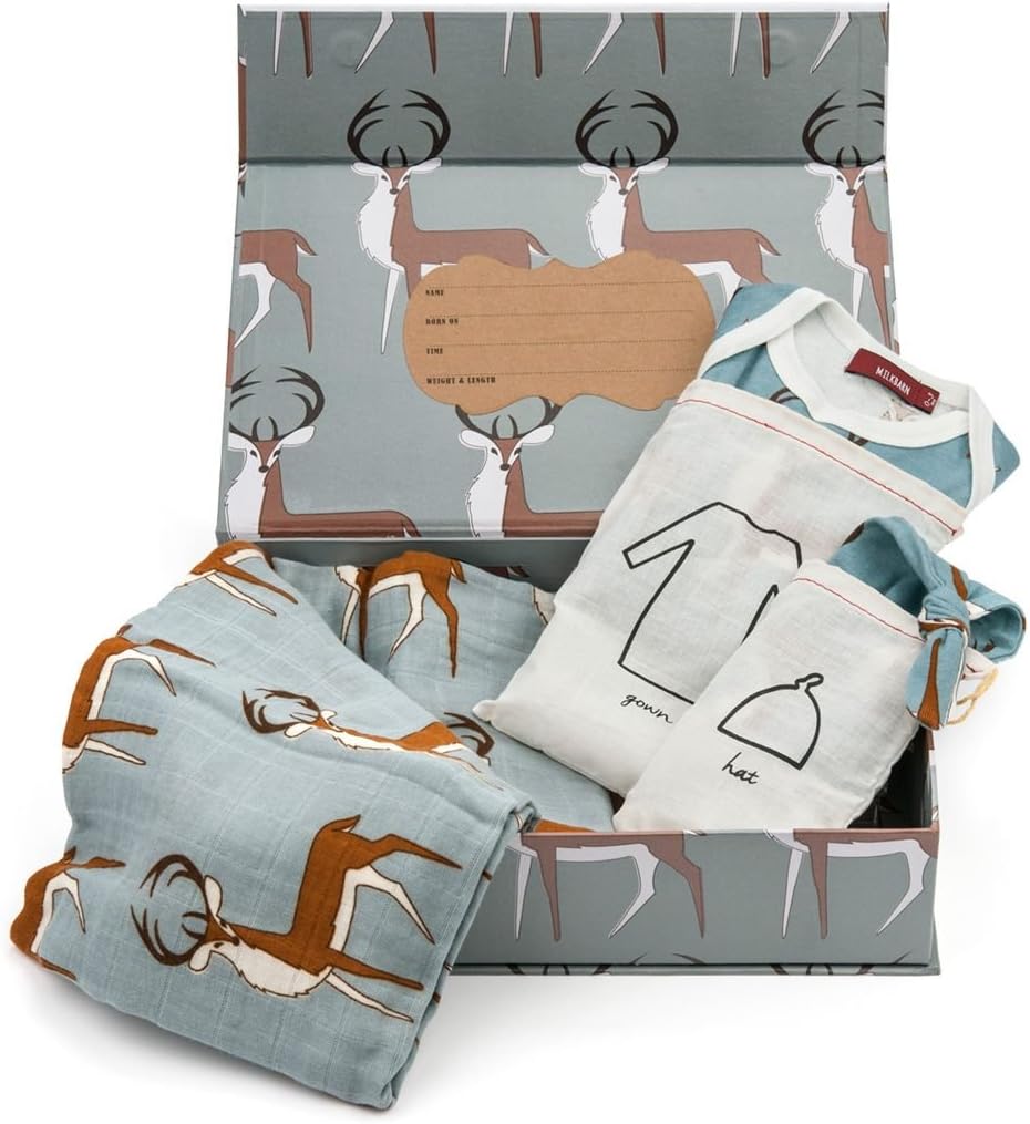 Milkbarn Organic Newborn Gown, Hat and Swaddle Blanket Keepsake Set, Grey Buck by MilkBarn