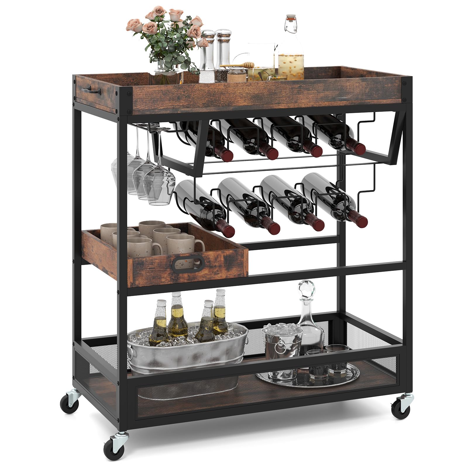 COSTWAY Serving Trolley on Wheels, 3-Tier Rolling Bar Cart with Removable Tray, Wine Rack & Glass Holder, Industrial Drinks Storage Trolley for Home Kitchen (with Removable Middle Tray, 86x40x90cm)