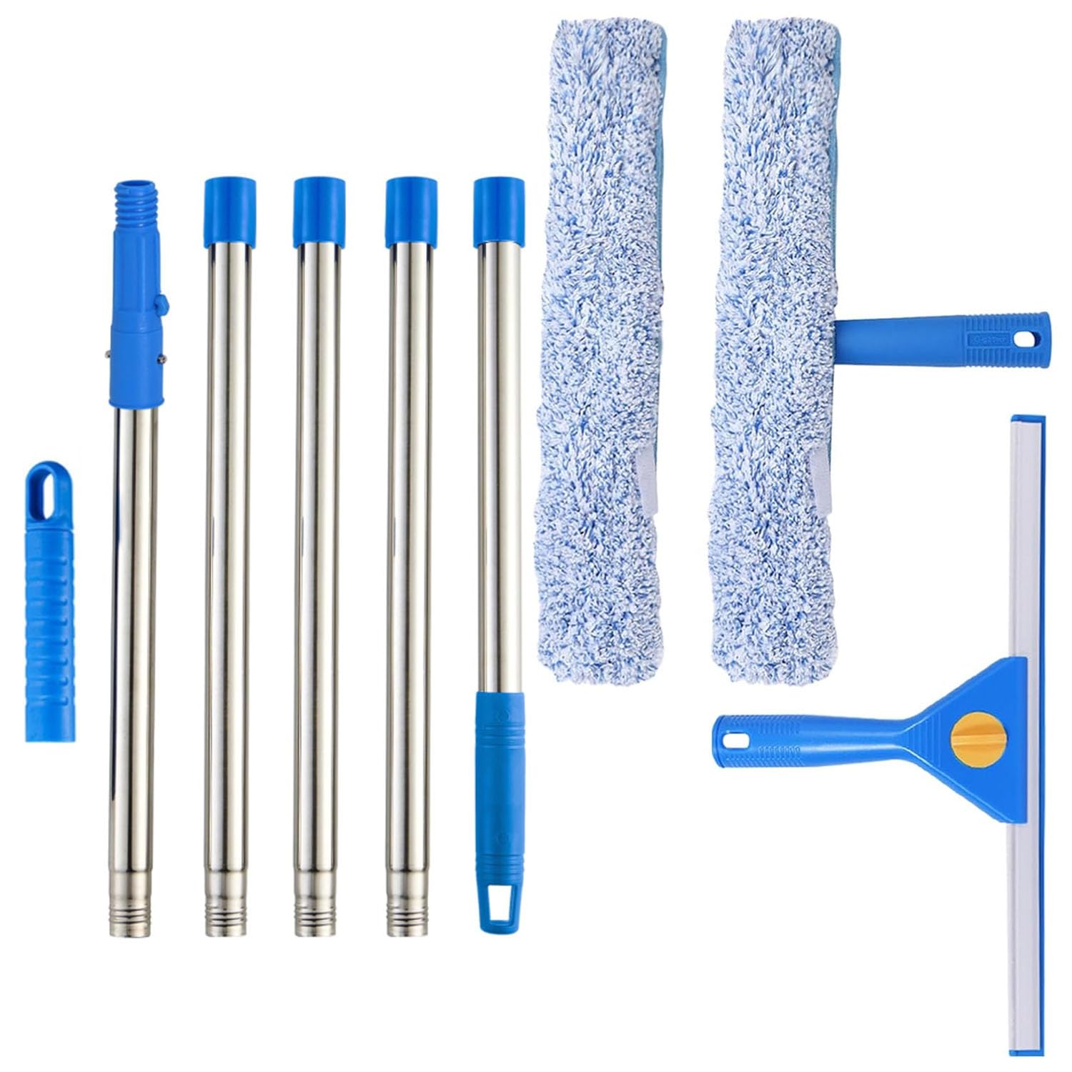 Window Cleaner with Long Handle, Cleaner Tool with Silicone Squeegee & Microfiber Scrubber, Windows Washing Kit for Outdoor Home Commercial Use