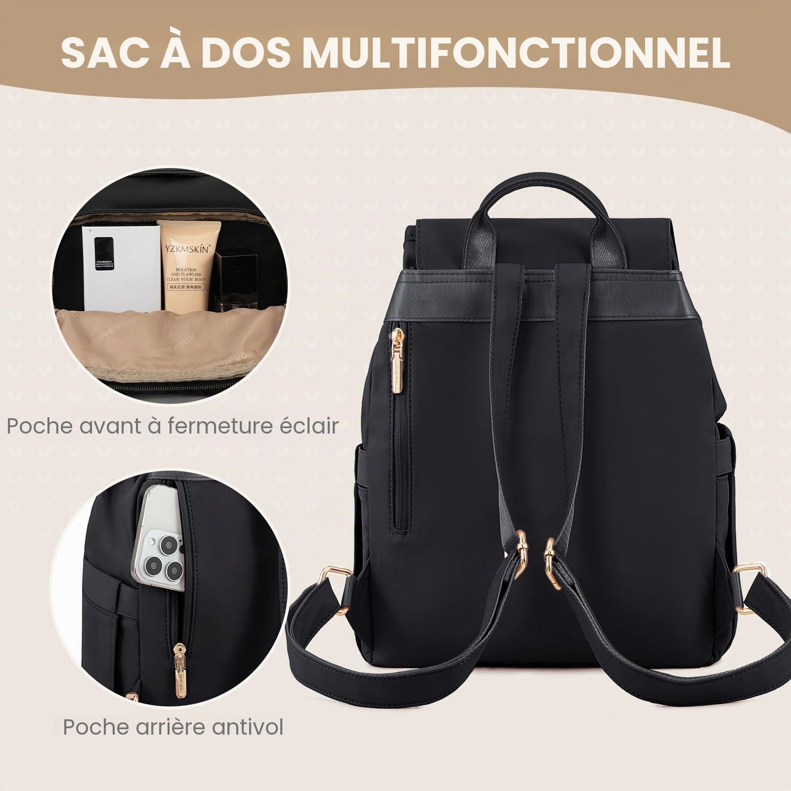 LOVEVOOK Petit sac à dos pour femme - Étanche - Sac à dos de ville - Sac à main 2 en 1 - Mini sac à dos - Élégant pour les loisirs, l'école, les voyages, le travail