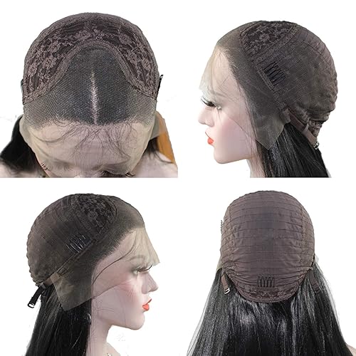 Miniatura 7 de CIMITIKI Pelucas lacias negras con encaje frontal de 24 pulgadas, cabello sintético largo sedoso y lacio prearrancado con línea capilar natural y