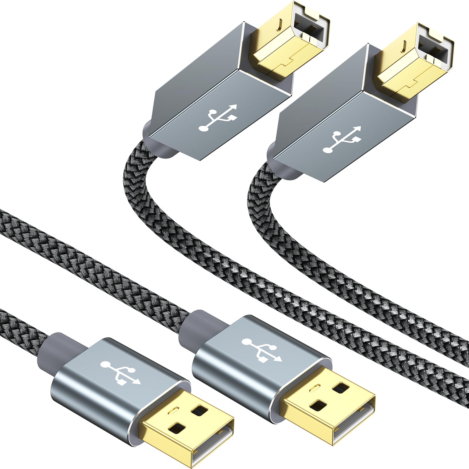 Cavo USB per stampante, confezione da 2, 1,8 m, USB 2.0, da USB A a USB B, in nylon intrecciato ad alta velocità, con punto di blocco, compatibile con HP, Canon, Epson, Brother, Samsung, Dell, Lexmark