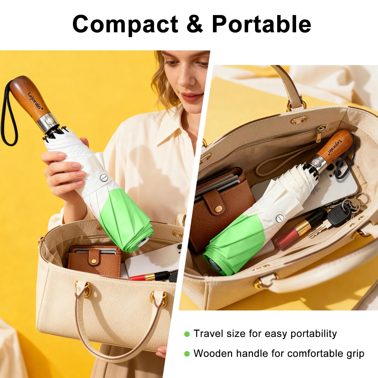 Lejorain Parapluie de voyage coupe-vent compact – Parapluie de golf pliable automatique coupe-vent grand sac à dos vert parapluie de pluie pour adultes