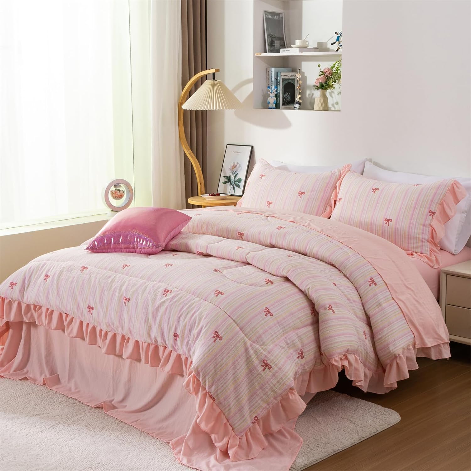 Aimuan Pink Bow Comforter Set 6 Piece, Cute Ribbon Bowknot Bedding Set, Princess Rainbow Comforter and Sheet Set Dreamy Lightweight Soft Bed Set for Girls (Pink Colorful, Twin 6Pcs) - Image 6
