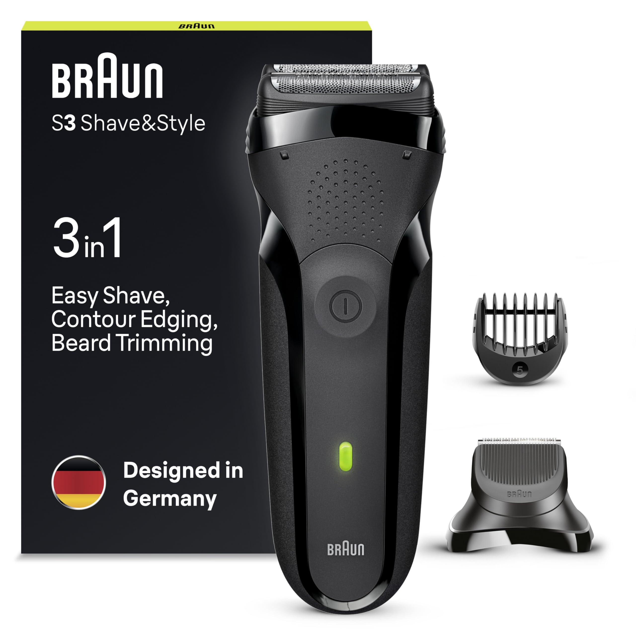 Braun Series 3 Afeitadora Eléctrica Hombre, Máquina de Afeitar Barba 3 En 1 con Recortadora De Precisión Para La Barba Y 5 Peines, Recargable E Inalámbrica, Shave&Style, 300BT, Negro