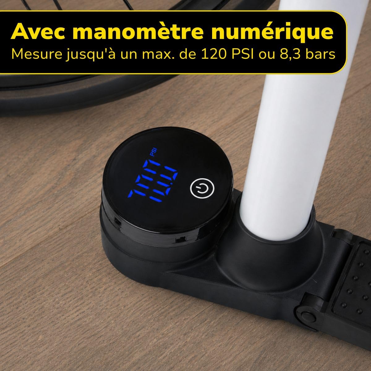 Dunlop Pompe à vélo numérique - Pompe à vélo avec manomètre numérique - pour Valve Schrader Presta Dunlop - 120 PSI 8,3 Bar - avec Adaptateur et Aiguille à Ballon