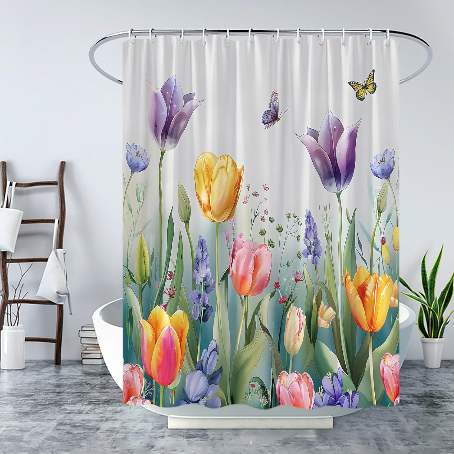 Floral Plant Shower Curtain Spring Pink Yellow Purple Tulip Flower Butterfly Green Leaves Watercolor Floral Plant Modern Garden Scenery Nature Rustic Fabric Bath Curtain Set with Hook