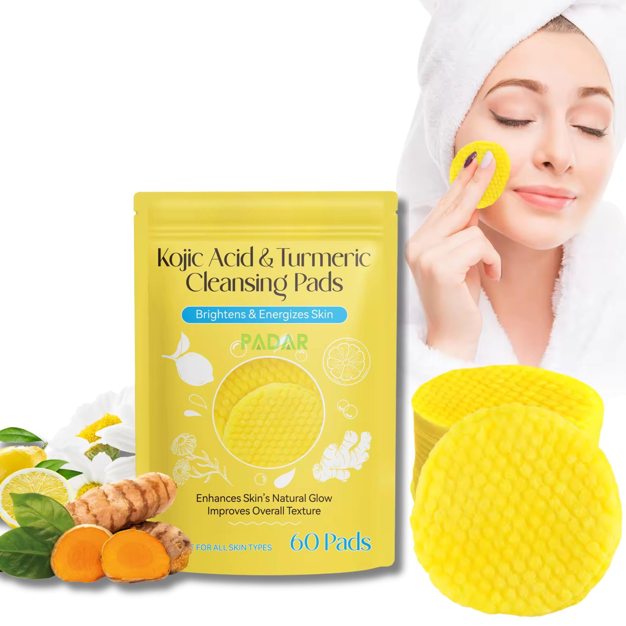 Turmeric & Kojic Acid Face Cleansing Foaming Pads for Dark Spots, Skin Brightening & Acne Prevention With Vitamin C, For All Skin Types (1 Pack (60 Pads))