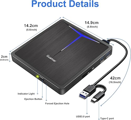 Miniatura 7 de Guamar Unidad externa de CDDVD para portátil, USB 3.0 USB-C reproductor de DVD grabadora de CD con 2 puertos USB SD TF ranura, unidad portátil de CD