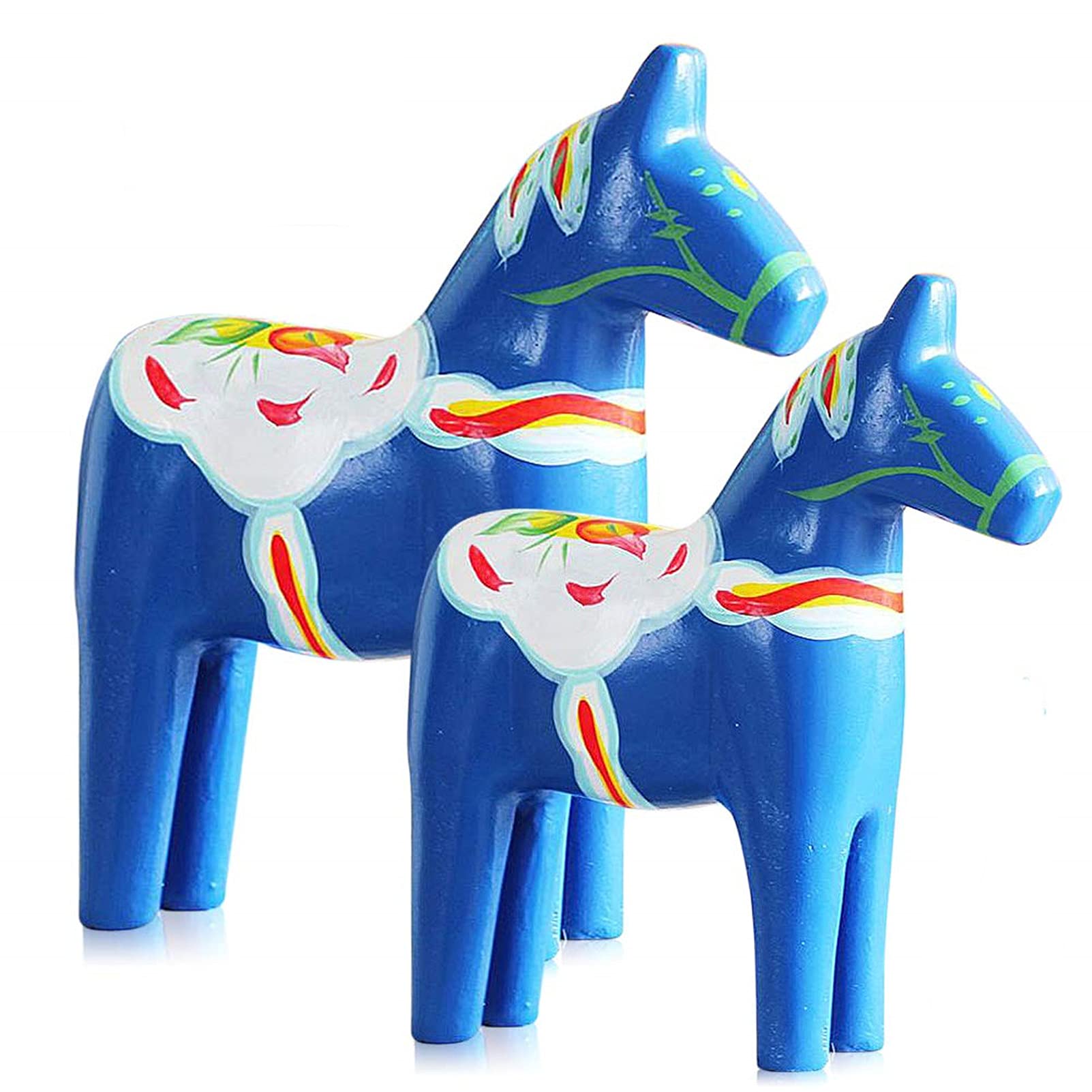 2 Piece Wooden Dala Horse Swedish National Style Wood Figures Statue Handicraft Sweden Style Dala Horse House Decoration (Blue)