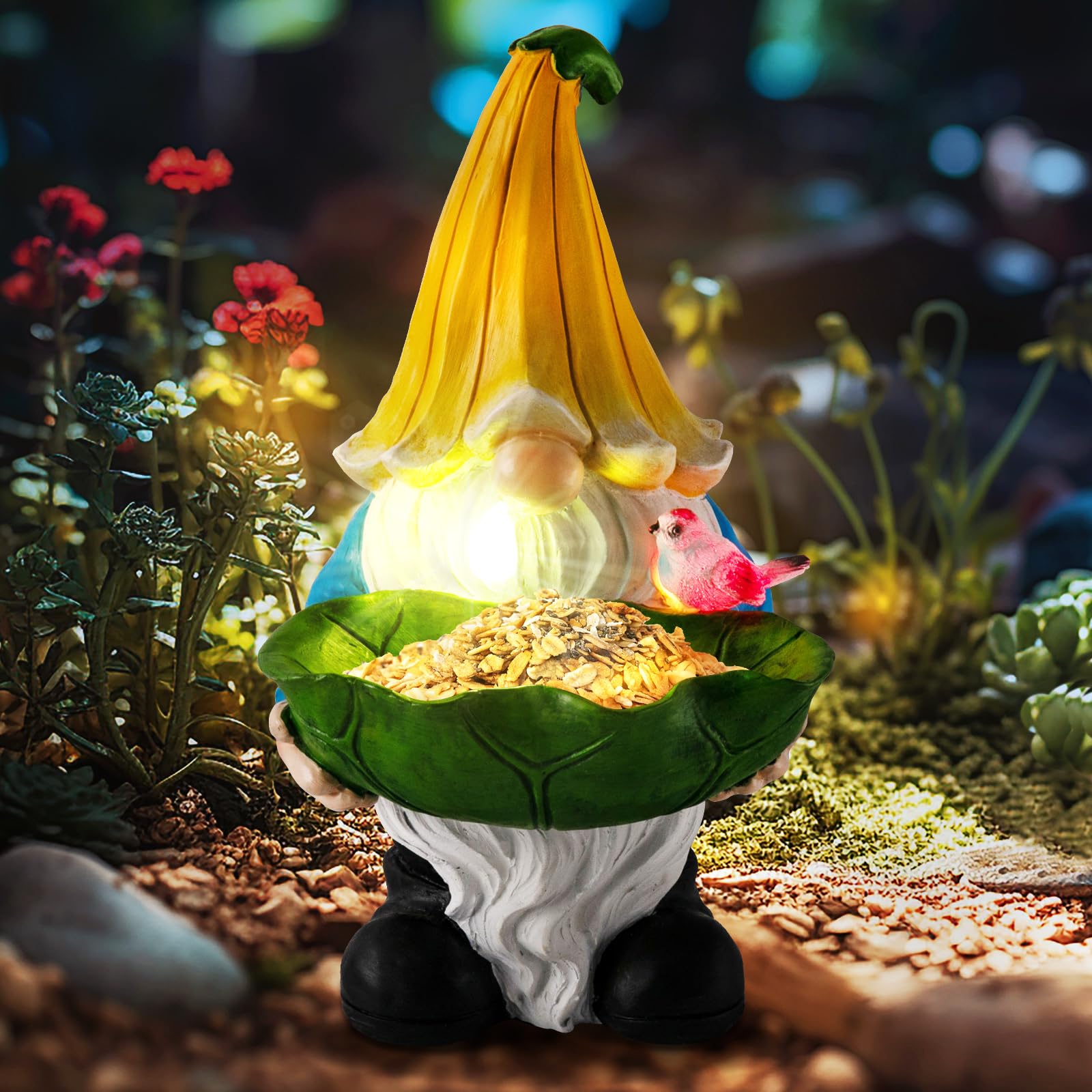 Christmas Gonme Statue Outdoor Decorations: Gnome Figurine with Leaf Bird Feeder and Solar LED Light Waterproof Garden Sculpture for Yard Garden Lawn Outdoor Decor