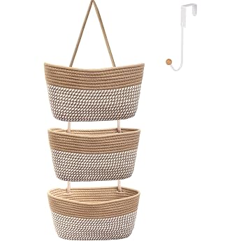 Over the Door Hanging Basket for Organising 3-Tier Woven Cotton Rope Wall Mount Storage Basket Decorative Kitchen Hanging Organiser Bathroom Includes 1 Hook Flax Stripes