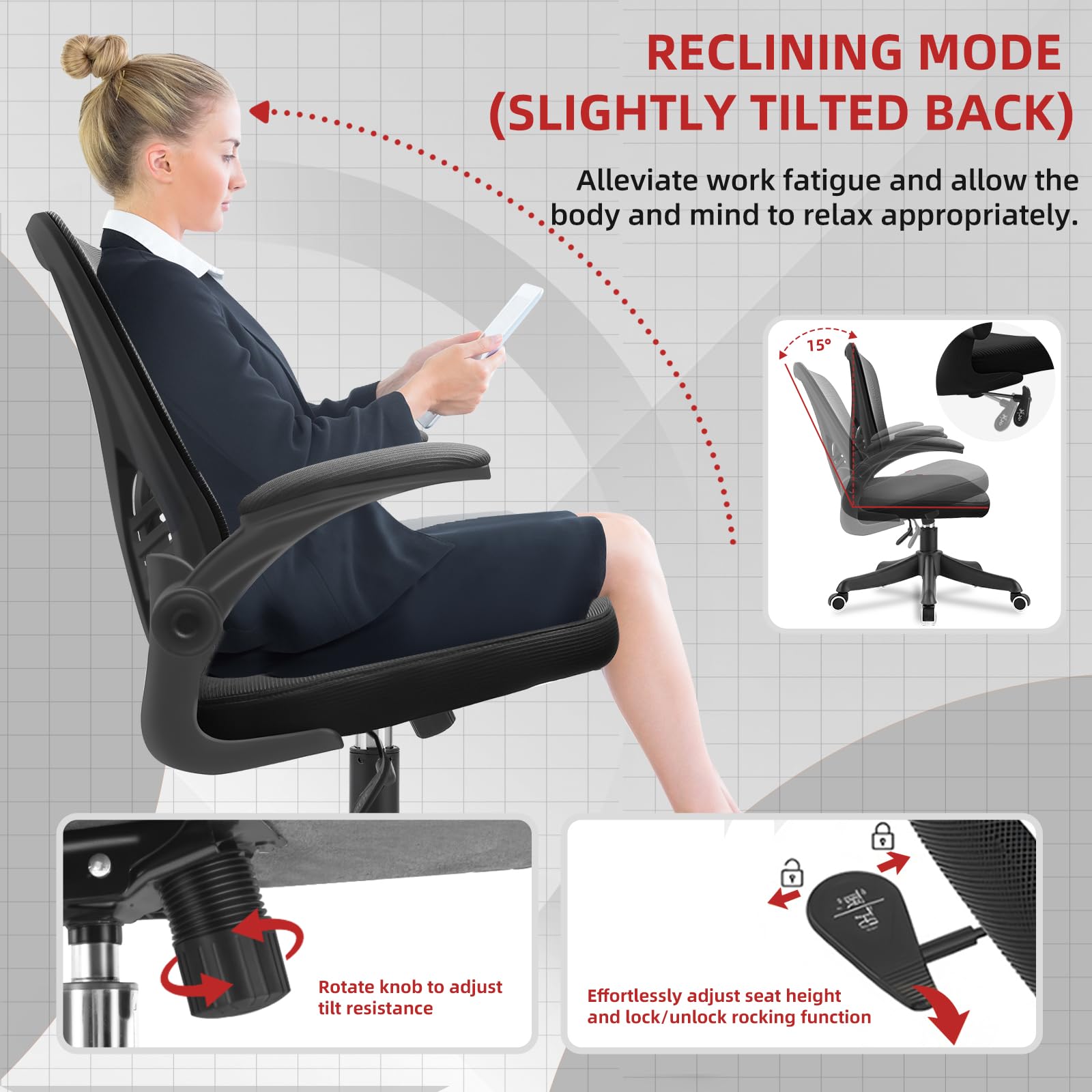 Silla de Oficina Ergonómica con Soporte Lumbar Regulable, Brazos Abatibles 90°, Tapicería de Malla Transpirable, Negro