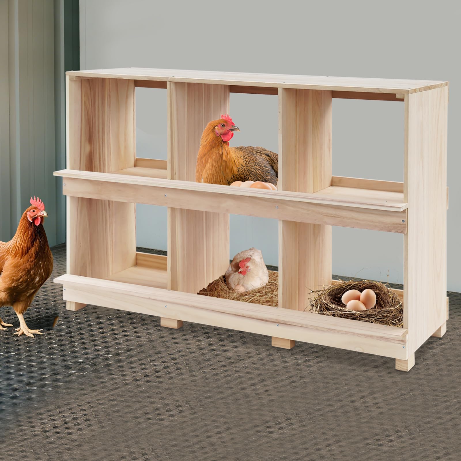 Legenester HüHner Legenest HüHnernest Abrollnest legenester Hühner-Nistkasten aus Holz, 6 Fächer, 96x37,2x66,3 cm, Naturholzfarbe, mit Sitzstange, für Legehennen