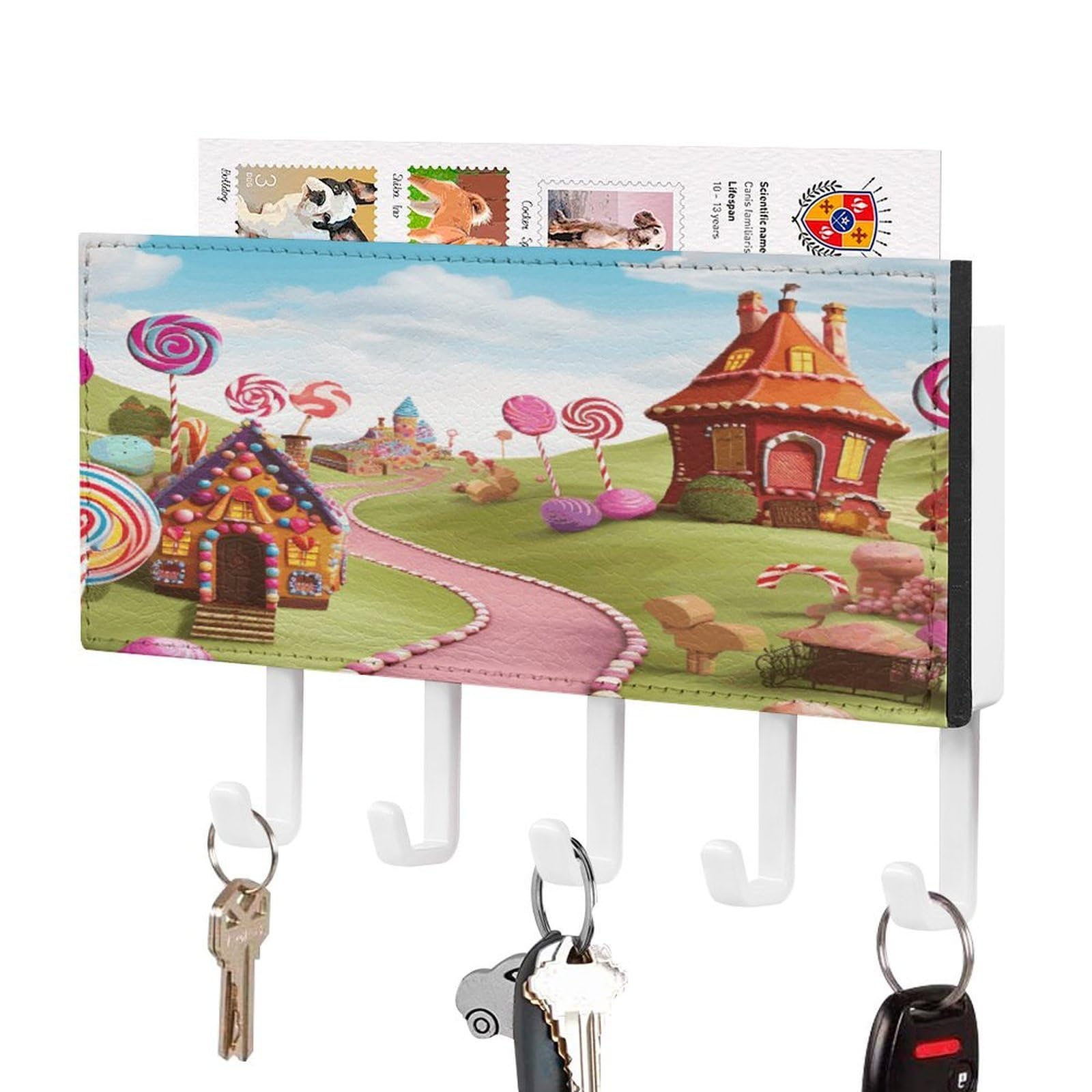 MUSM Candy Key Holder for Wall,Mail Organizer Wall Mount with 5 Hooks,Easy Installation Key Rack for Home Decor, Hallway, Entryway, Appartment