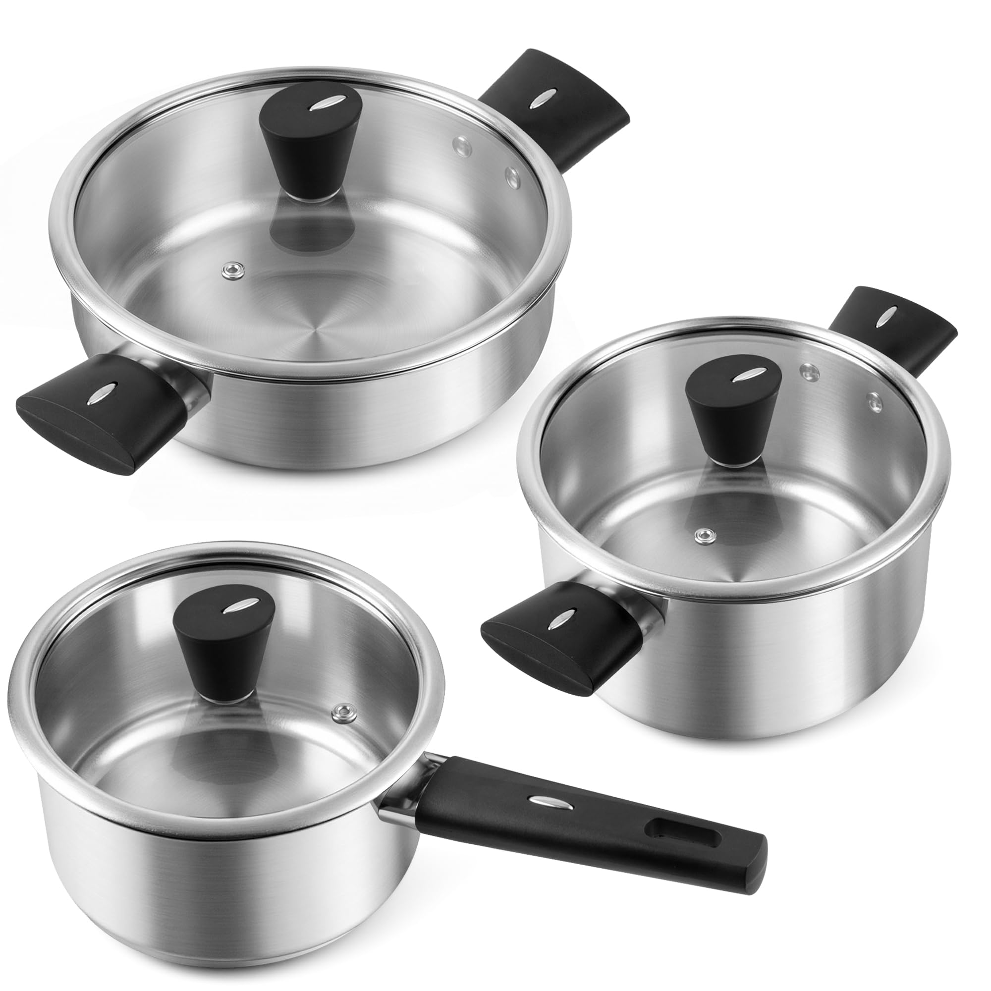 Set di pentole e padelle in acciaio inox, 6 pezzi, atossici, con coperchi in vetro, casseruola, pentola e padella, compatibili con induzione, lavabili in lavastoviglie, anche per