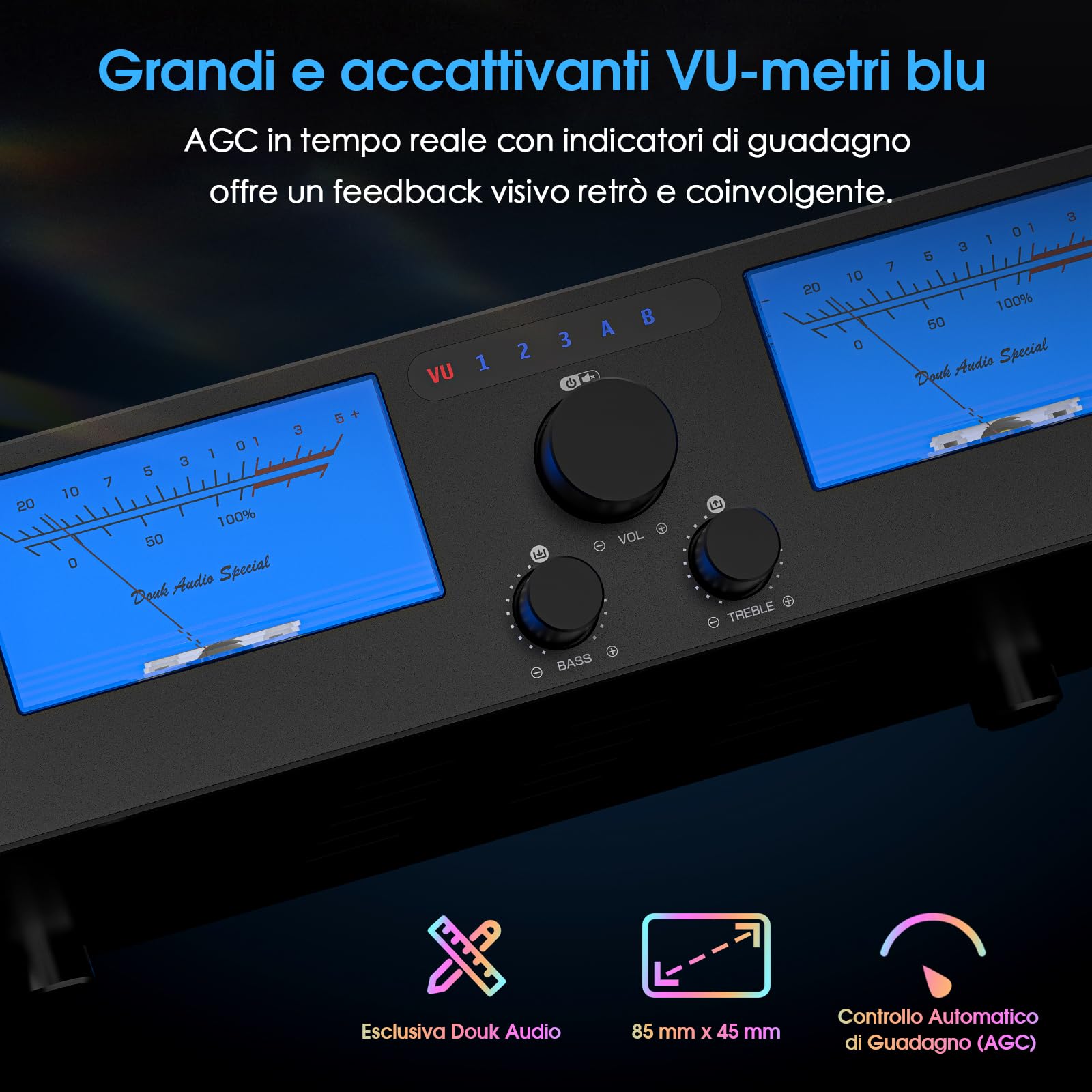 DoukAudio 600W Amplificatore a 2/4 canali: selettore altoparlanti 3-IN-2-OUT | Amplificatore digitale per DMP-A6 con doppio TPA3255 | Ingressi XLR RCA bilanciati | Bypass del tono | VU Meters |