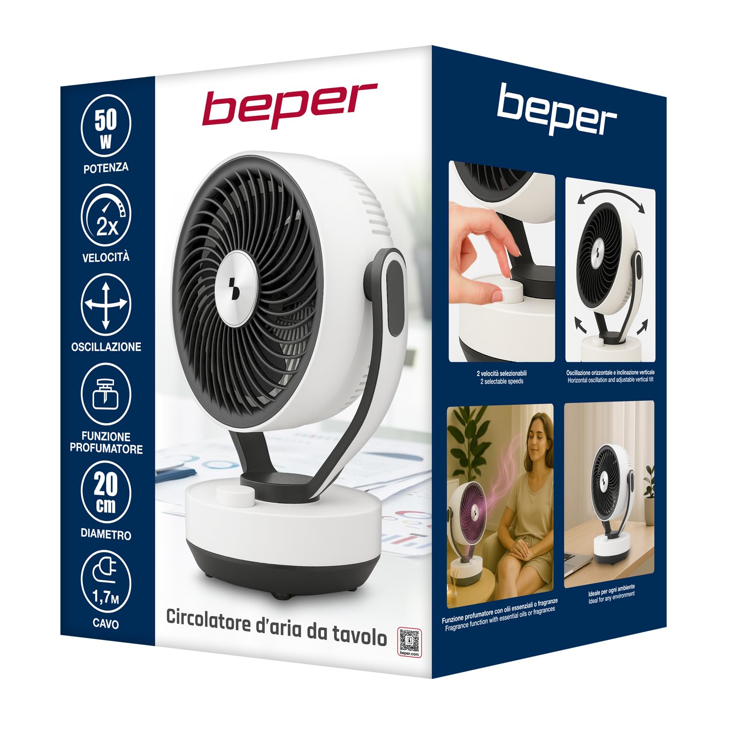 BEPER P206VEN261 Circolatore d’Aria da Tavolo con Diffusore Aromi, Ventilatore Compatto 2 Velocità, Oscillante 60°, Inclinazione 90°, con Porta Oli Essenziali, 50W