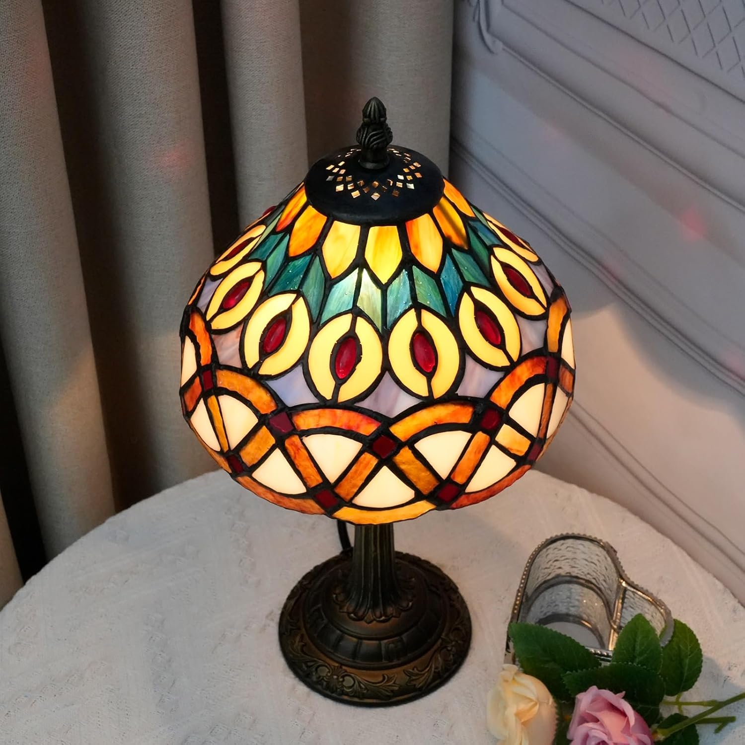 Tiffany Style Lamp 8 Inch Stained Glass Table Lamps Yellow Peacock Vintage Art Deco Reading Small Desk Light for Bedside Bedroom Living Room Office