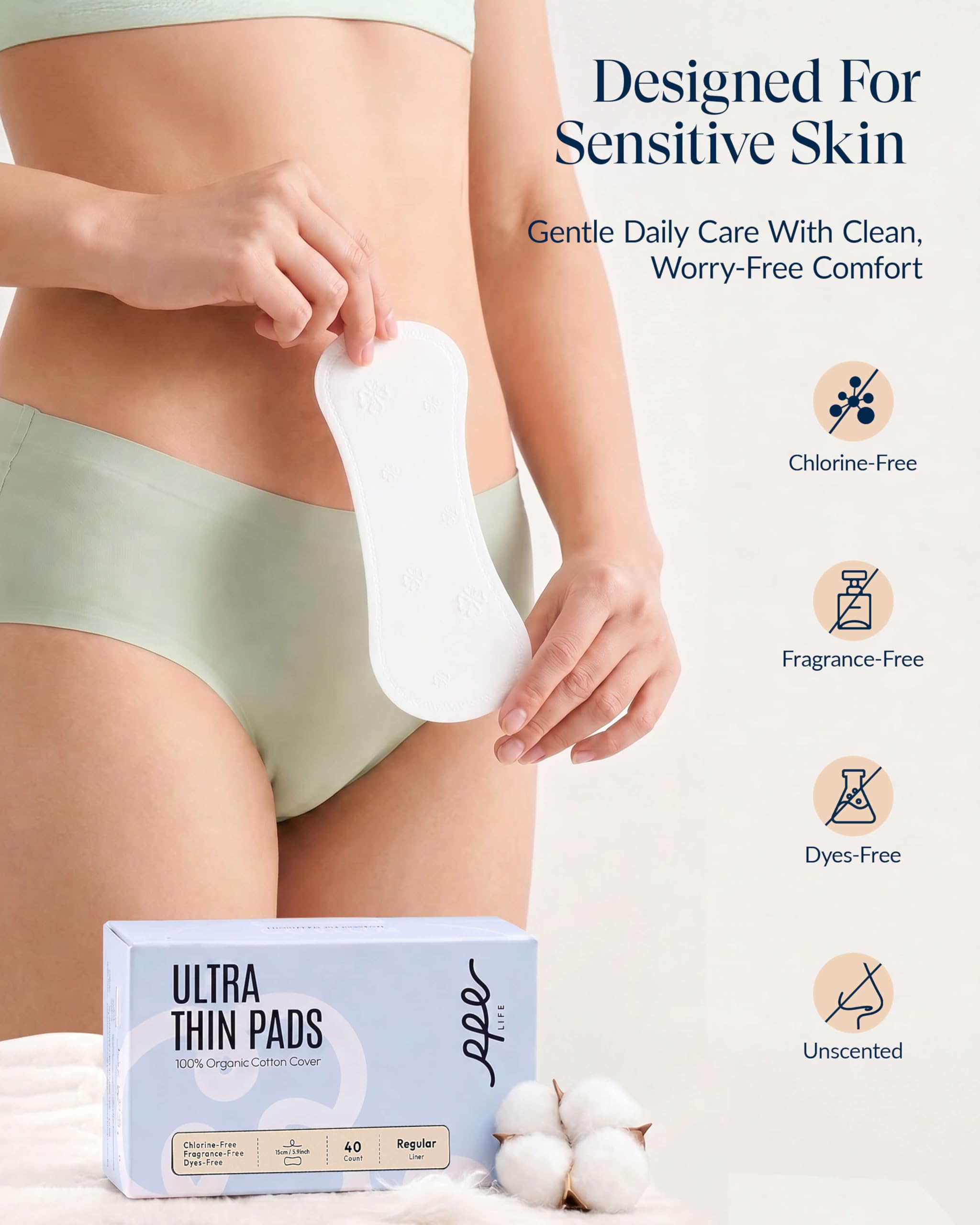 RPE Life Calzones 100% orgánicos para mujer, cubiertas de algodón ultrafino, forro regular de absorción ligera, sin perfume, envueltos individualmente (forro regular, talla 1, 120 unidades)