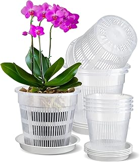 8 Stück Transparenter Orchideentopf, Kunststoff-Pflanztöpfe mit Ablaufloch und Tablett, Zimmerpflanzentöpfe für Orchideen-Umtopf-Set, Samen-Sämling-Töpfe für Wurzelwachstum (14 cm/16cm)