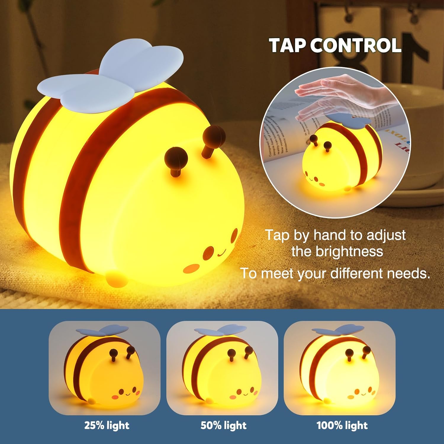 Bee Night Light, Cute Silicone Animal Bedside Lamp, Night Lamp for Kids Room, Dimmable LED Lamp,Bedroom Touch Lamp, Nursery,Baby Room&Girls Room Decor, Baby Boys Girls Gift,Rechargeable Nightlight - Image 7