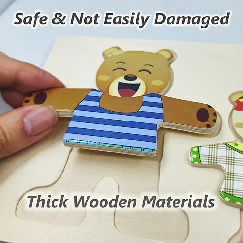 Miniatura 2 de Caja de rompecabezas de madera con oso de familia, juguetes de vestir, juego de rompecabezas de vestir (72 piezas), juegos de cambio de ropa,