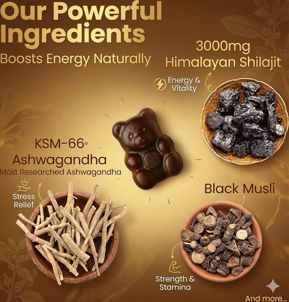 Pure Himalayan Shilajit Gummies – 3000 mg with KSM-66 Ashwagandha, Ginseng & Mucuna Pruriens – 78% Fulvic Acid & 85 Trace Minerals – Energy, Stamina & Wellness Support – 60 Gummies - Image 2