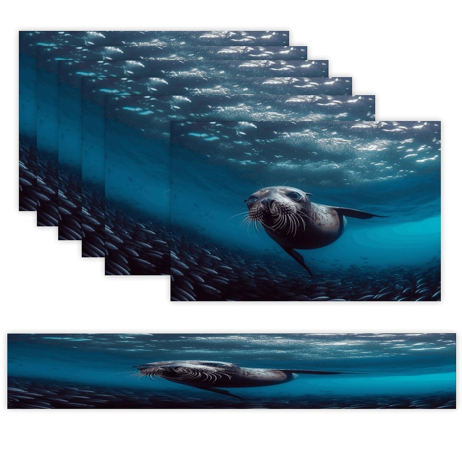 Underwater Sea Lion Table Runner and Placemats Set of 7 Linen Table Mat Non-Slip Place Mats Washable Placemat Heat Resistant Place Mat with Table Runner for Party Dining Decor