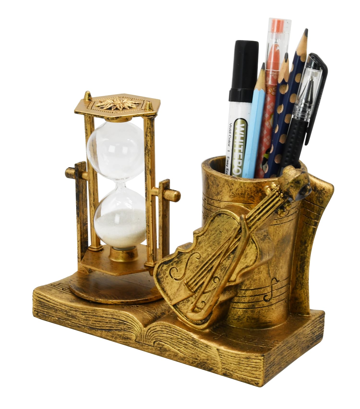Violin-Themed Pencil Holder with Hourglass, Resin Desktop Organizer for Office & Study, Pen Holder with Sand Timer, Classic Music Addition Scissors Storage, Artistic Gift for Violin Lovers