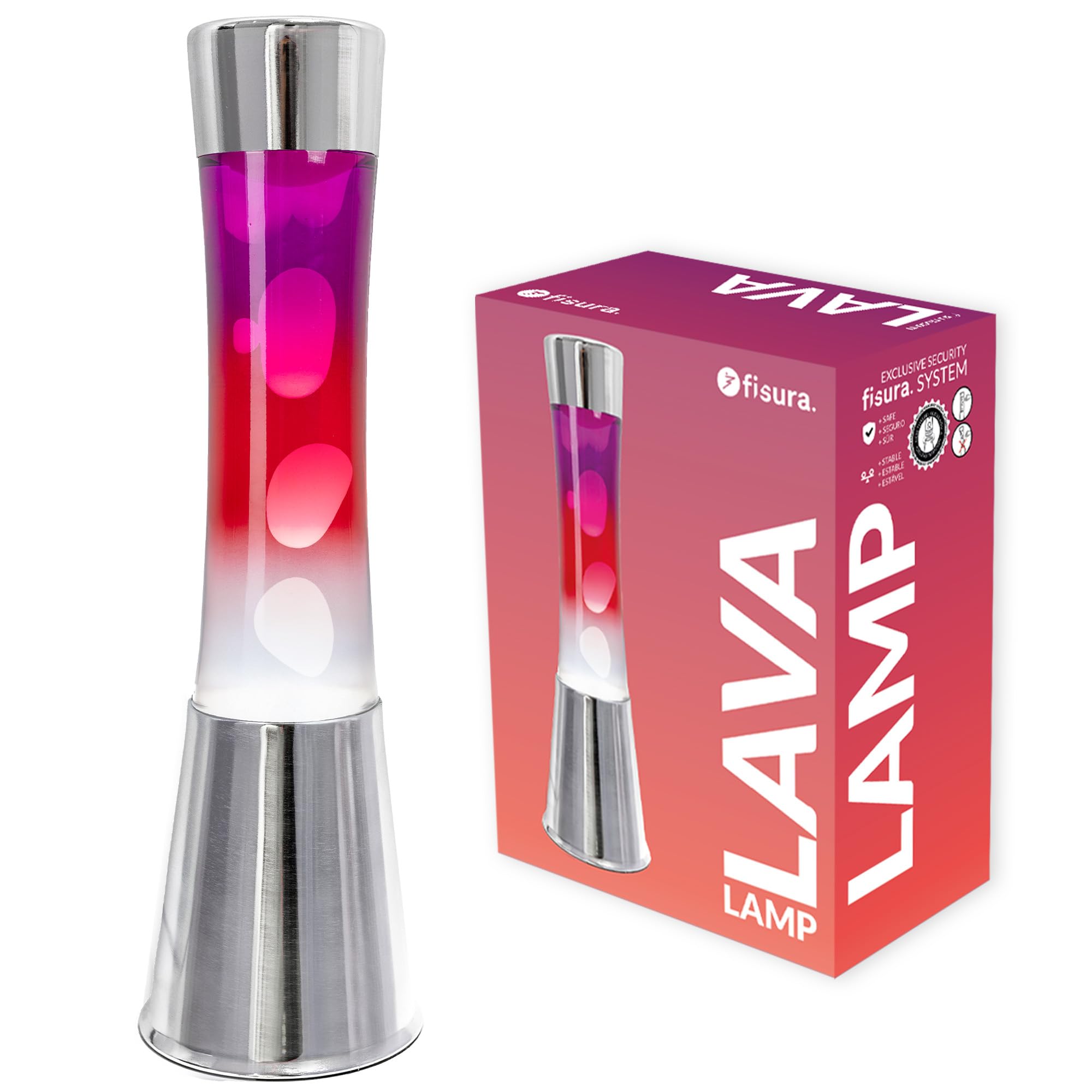 Fisura - Lava Lampe "rotes Farbverlauf“. Chrombasis und Flasche von Violett bis Weiß. Entspannender Effekt. Mit Ersatzbirne. Maße: 11 cm x 11 cm x 39,5 cm, Verläufe, Chrom