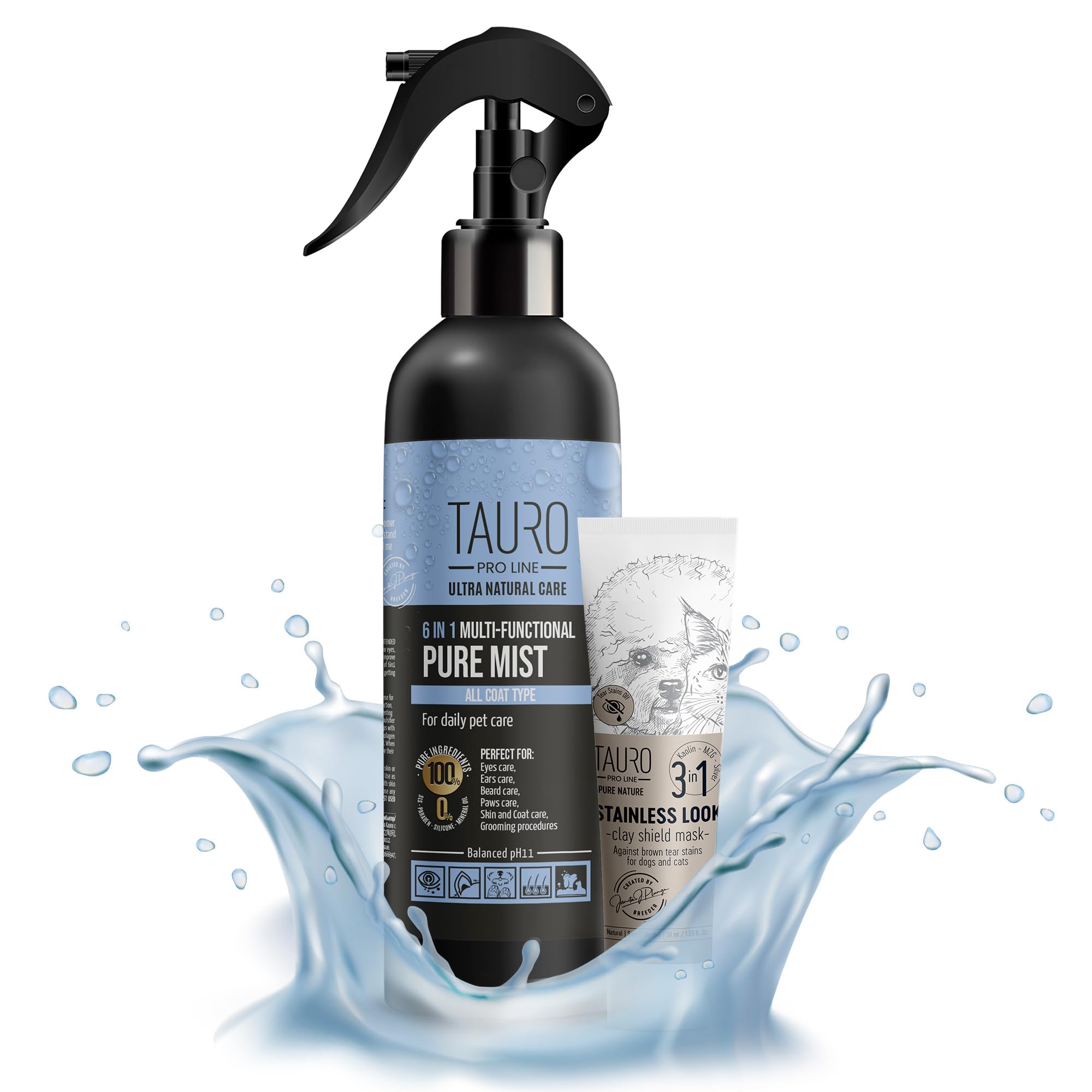 TAURO PROLINE Clear Eyes Solution Set 6in1 Multi-Functional Pure Mist and Stainless Look Clay Mask - Tear Stain Remover, Eye Cleaner - Eye Care Ear Care Grooming Treatment for All Dogs and Cats Eyes