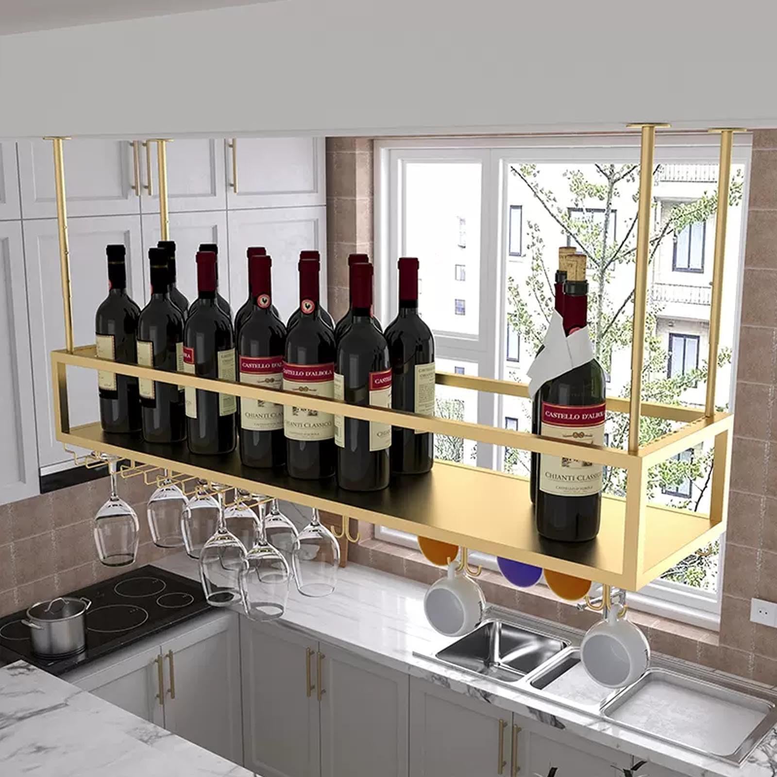 Botellero de Metal Moderno para Vino: Estante de Almacenamiento para Colgar en el Techo, para Bar en casa, Soporte Flotante para Copas de Vino, Estilo cafetería (Negro, 100 cm)