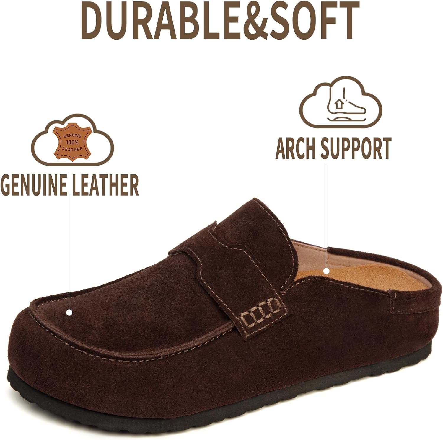 Suede Clogs for Women Genuine Suede Mules Comfort Cork Footbed Women's Slip On Mules Closed Round Toe Shoes with Arch Support
