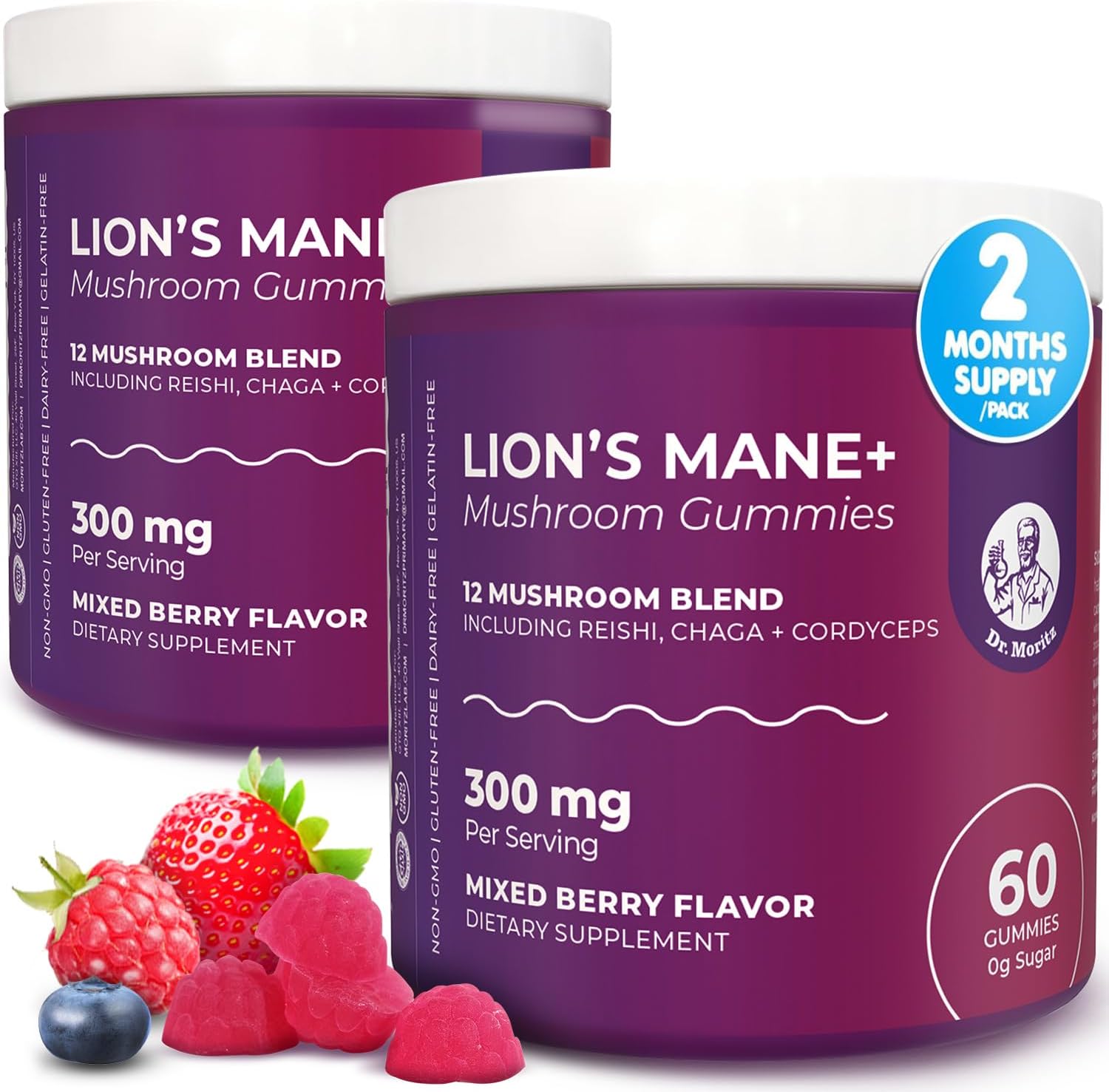 DR. MORITZ Lions Mane Gummies for Adults and Kids 4+ - Mushroom Gummies with 12-in-1 Blend Including Reishi & Chaga - Lions Mane for Kids and Adults - No Sugar Added, Non-GMO (120 Count)