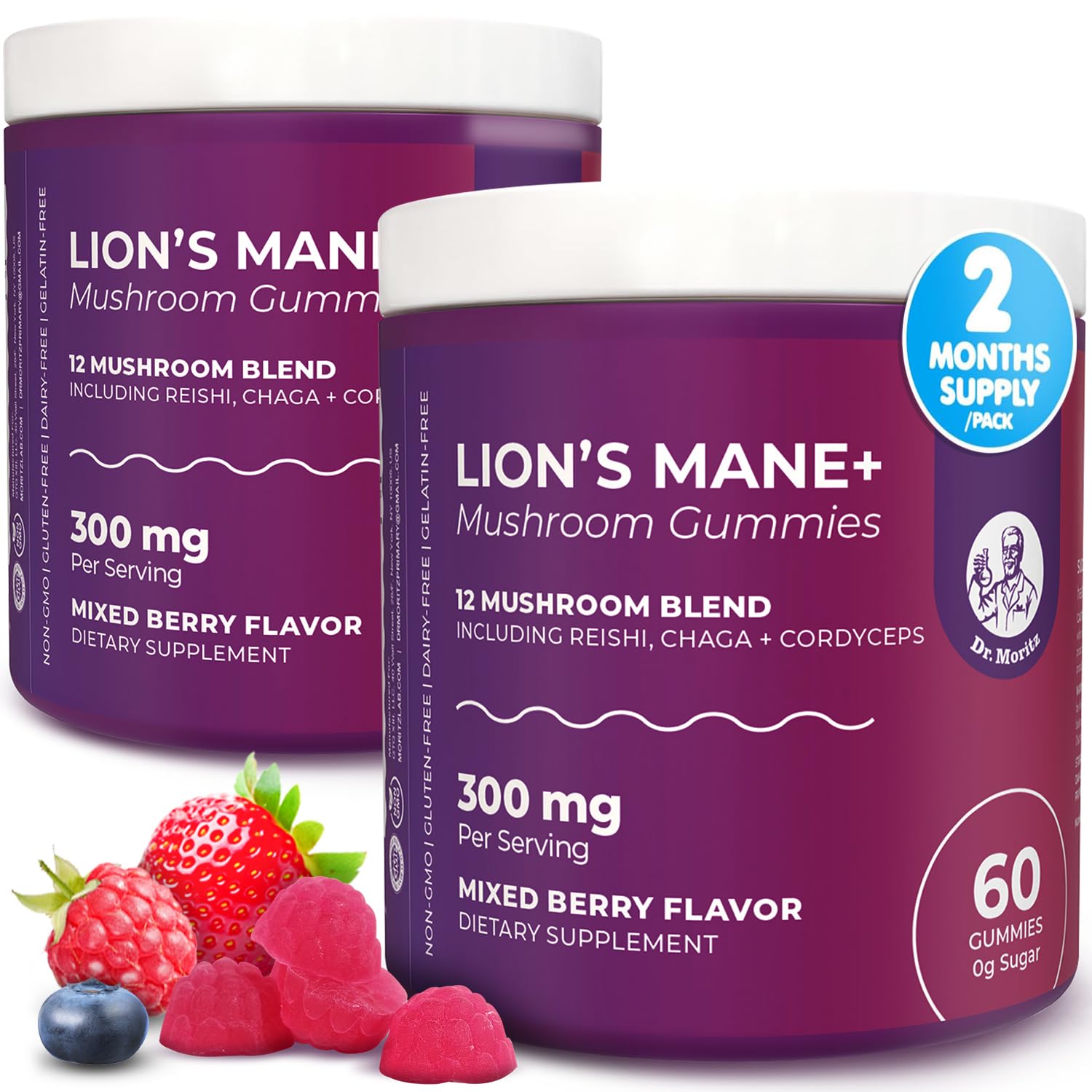 DR. MORITZ Lions Mane Gummies for Adults and Kids 4+ - Mushroom Gummies with 12-in-1 Blend Including Reishi & Chaga - Lions Mane for Kids and Adults - No Sugar Added, Non-GMO (120 Count)