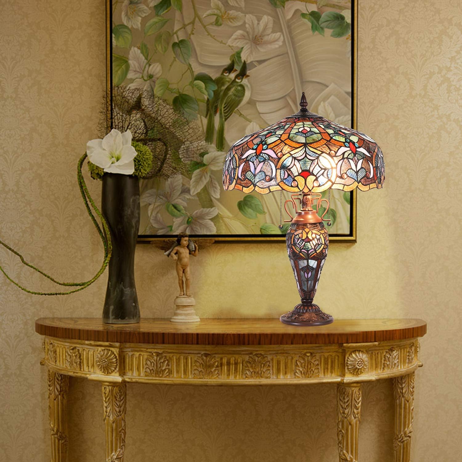 Best Cyber Monday 🔥 Capulina Tiffany Table Lamp 3 Light with Nightlight Stained Glass Art Classical Style Desk Lamp for Bedroom Living Room Office