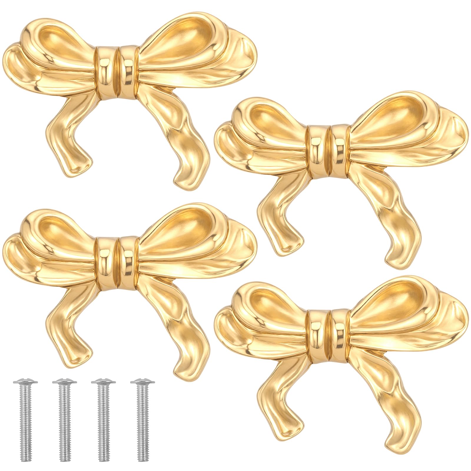 YUEKUNTJ 4Pcs Gold Bow Furniture Knobs, Delicate Bow Dresser Knobs with Screws, Luxury Gold Butterfly Knot Cabinet Handles, Brass Knot Drawer Pulls for Wardrobe Bookcase Cabinet (4pcs)