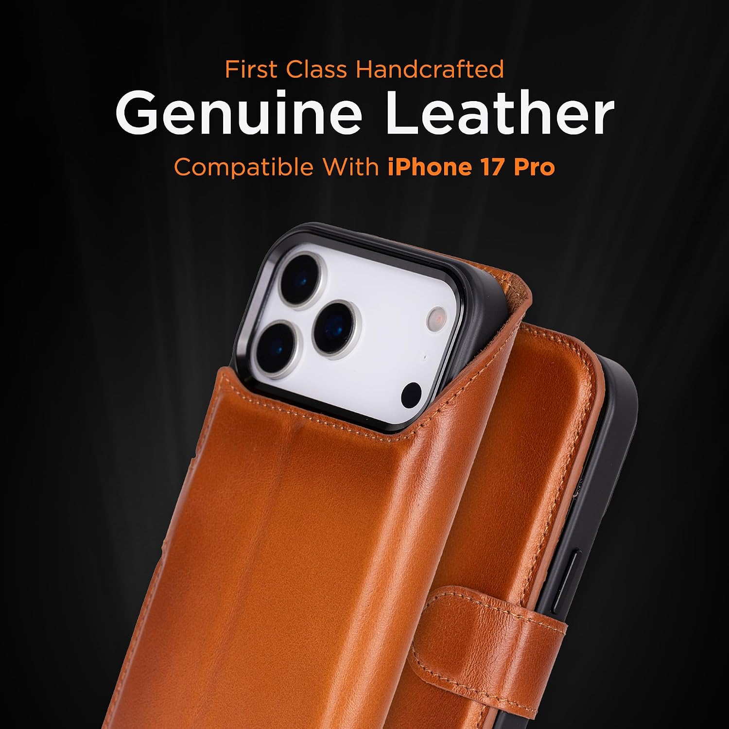 Bayelon Wallet Case for iPhone 17 Pro 6.3", Full Grain Leather Wallet Case, Detachable Magnetic Flip Folio Cover, Card Holder, MagSafe Compatible, RFID Blocking Case (Rustic Tan)