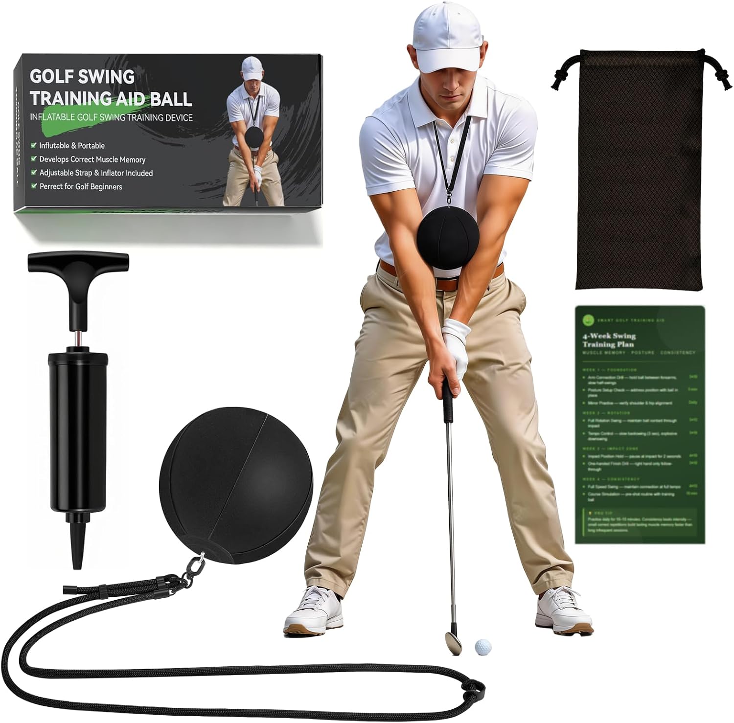 Portable Golf Swing Trainer & Training Ball – Adjustable Golf Training Aid & Connection Ball, Indoor/Home Golf Tempo & Impact Ball Practice, Durable Golf Swing Aid with Pump & Storage Bag