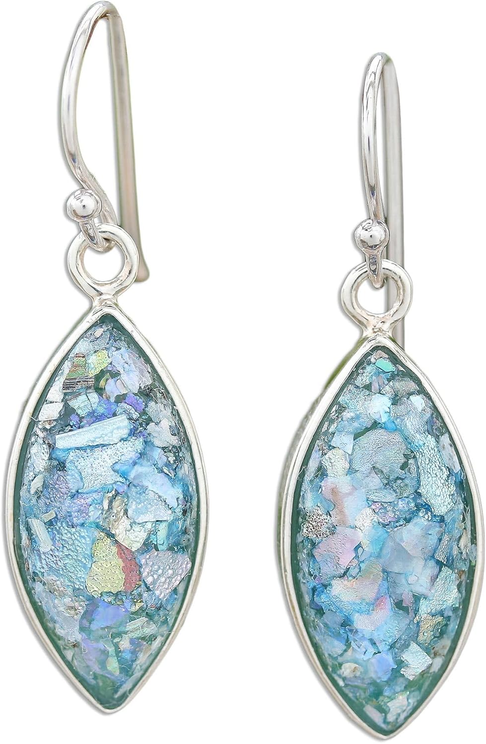 NOVICA .925 Sterling Silver Dangle Roman Glass Earrings | Artisan crafted | Marquise Shape | Hypoallergenic Jewelry | Long French Hook Wire | Lead & Nickel Free | Thailand 'Ancient Marquise' 1.3"L x