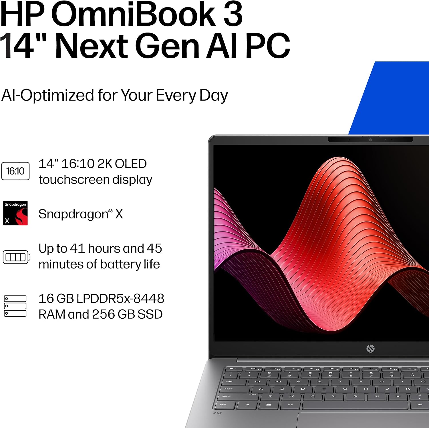 HP OmniBook 3 14 inch Next Gen AI PC, 2K Display, Snapdragon X X1-26-100, 16 GB RAM, 256 GB SSD, Qualcomm Adreno GPU, Windows 11 Home, Nouvelle Silver, 14-hz0288nr