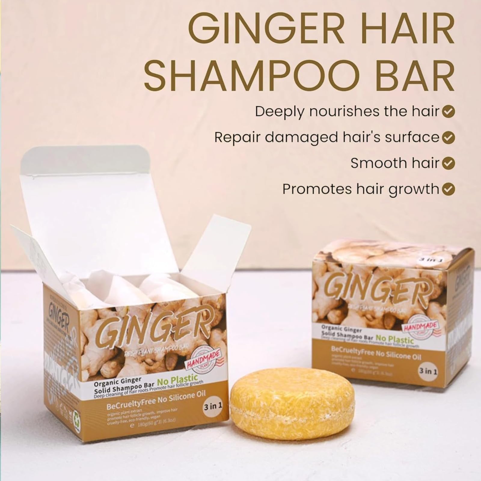 3PCS Ginger Hair Regrowth Shampoo Bar, Organic Ginger Shampoo Bar for Hair Loss Anti-Dandruff & Anti-Itch Solid Shampoo - Image 4