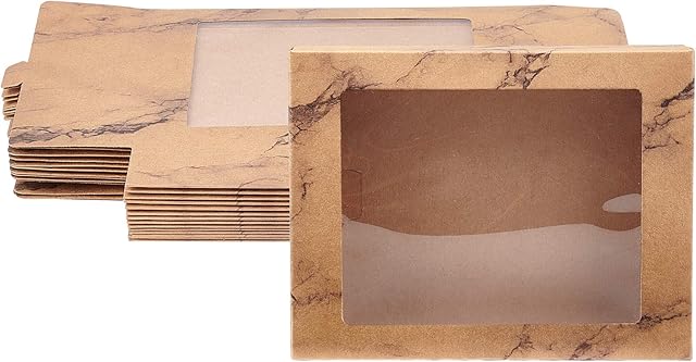 BENECREAT 15 Packs Marble Brown Kraft Paper Bakery Box with Clear PVC Window Pastry Gift Box(17.5x13.5x3.5cm) for Candy, Cookies and Other Handicrafts