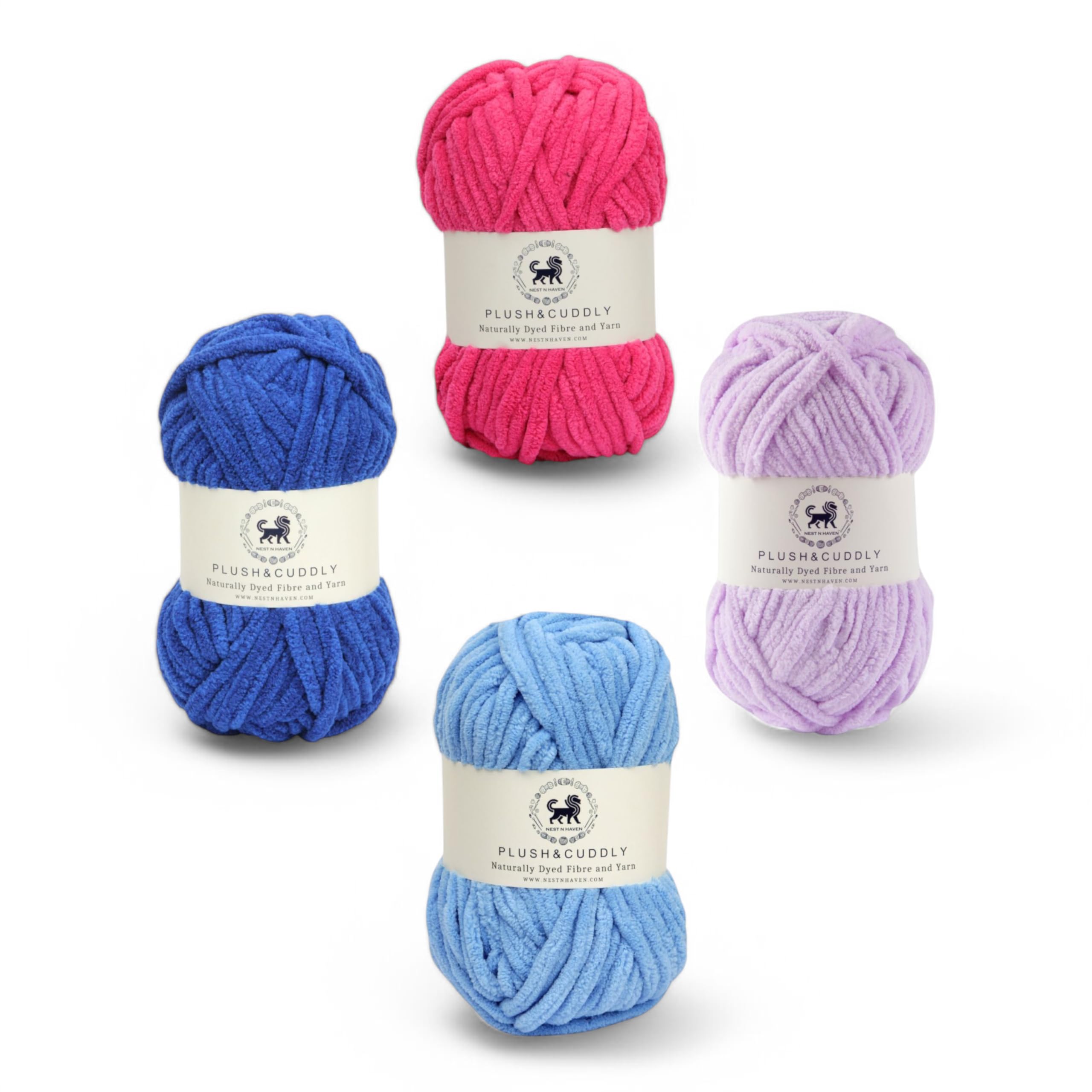 NESTNHAVEN, Plush & Cuddly Sets , Chenille Yarn Supersoft Hand Knitting Wool Ball, set of 4 , 400 grams (1 Ball/100 Gram Each) Ball Suitable for Craft, Babywear, Toys , Baby Blankets, 5 Bulky, Shades - NNHS (Set 4, blue , dark blue , lilac , hot pink)