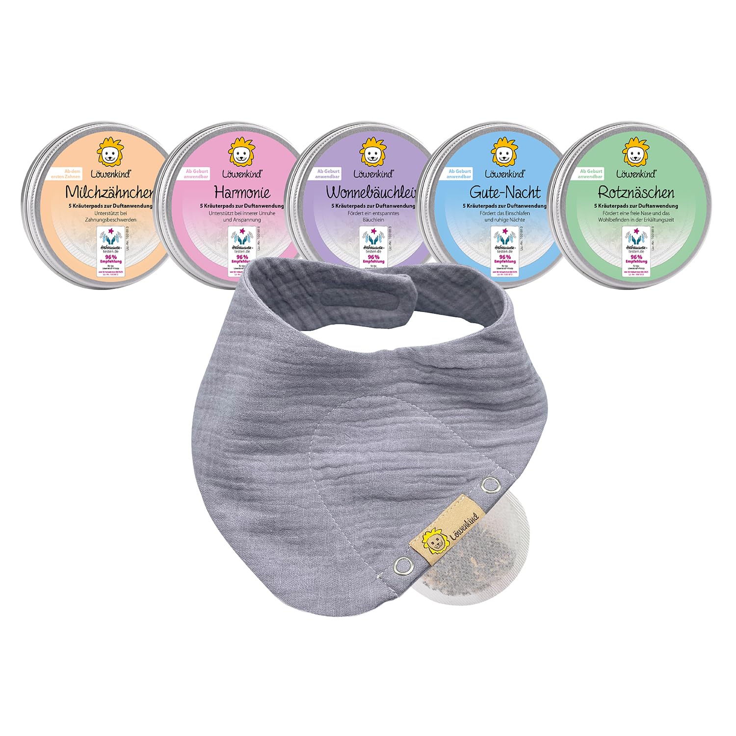 LÖWENKIND Rundum-Sorglos-Special für gängige Kinderwehwehchen | Erkältungszeit, Zahnen, Schlafen, Bauchbeschwerden, Unruhe | 5x5 natürliche Kräuterpads | Musselin-Halstuch aus Bio-Baumwolle (Grau)